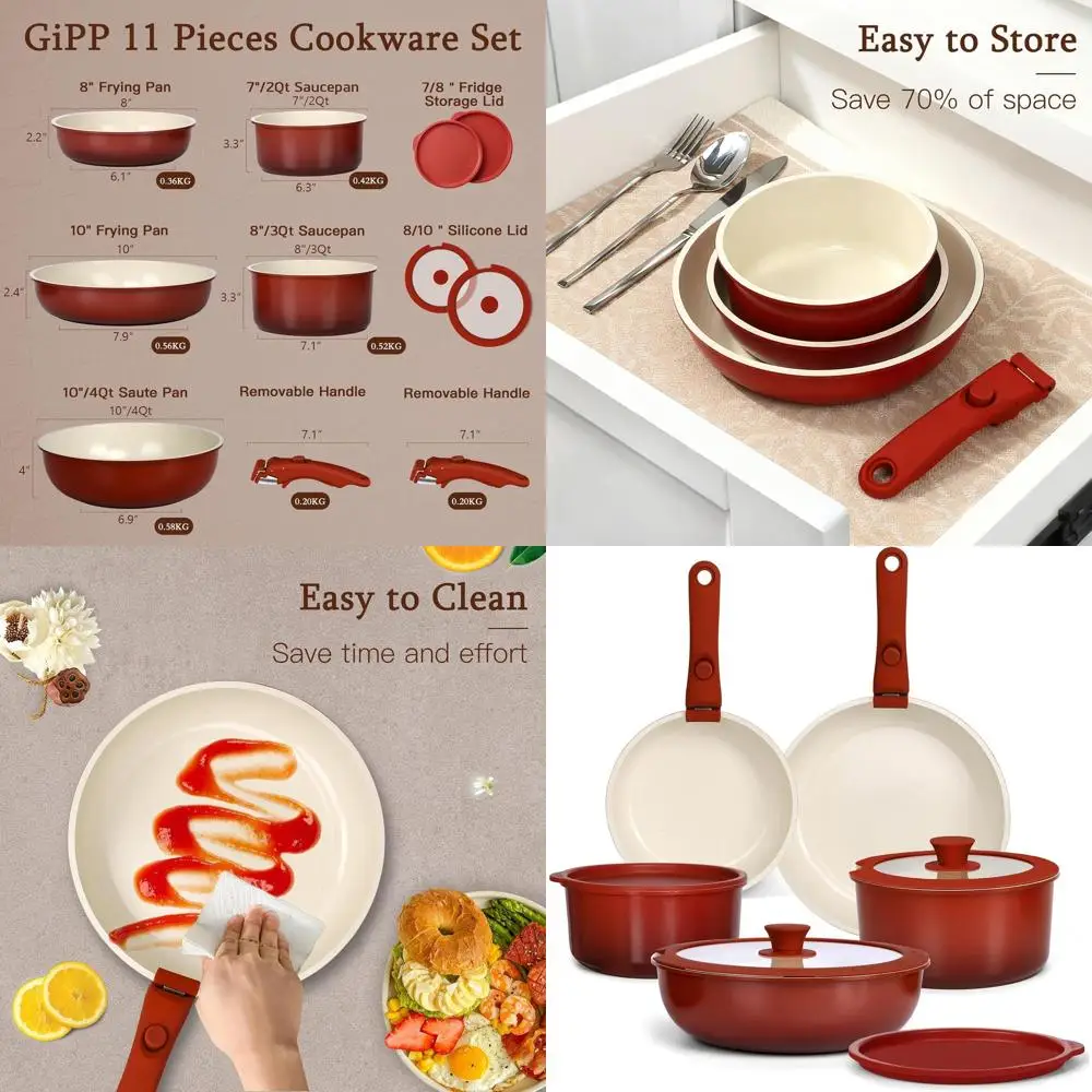 

Набор посуды с антипригарным покрытием, 11 предметов со съемной ручкой, красный и черный градиент, идеально подходит для автофургона и керамической кулинарии