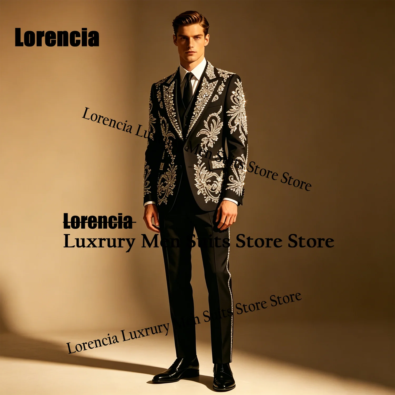 

Customized Handsome Rhinestone Men suits For Wedding Groom Crystal Sequin Male Prom Party Retro Blazer 3 Pieces Set Tuxedos Slim