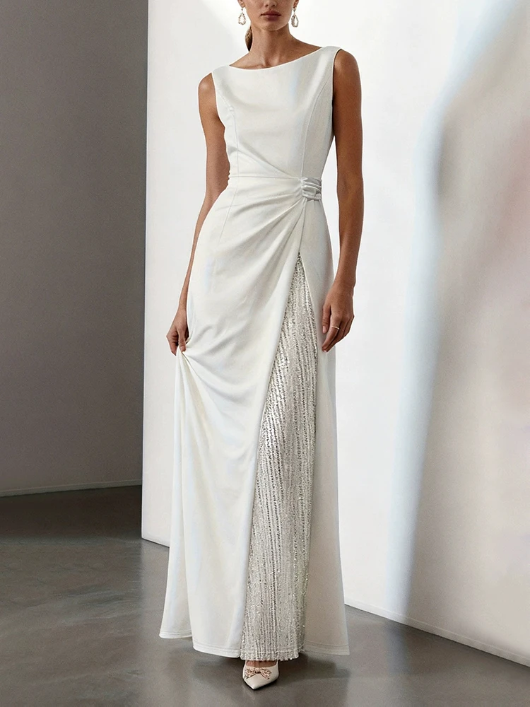 Elegant O-neck Women's Evening Dress Fashion Sleeveless Solid Spliced Mesh Dress Temperament High Waist Hollow Out Summer Dress