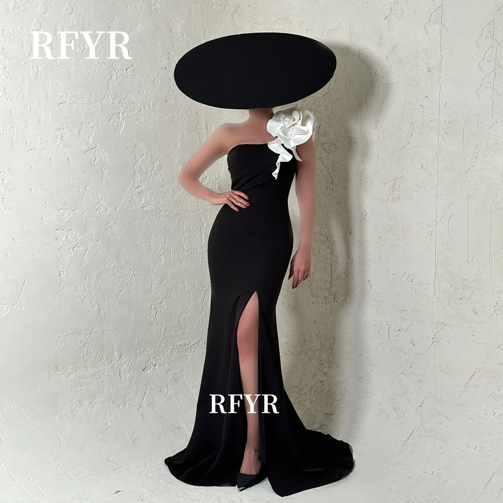 

RFYR High Slit Evening Dresses One Shoulder Party Dress with Flowers Pleats Elegant Prom Dress Sweep Train Gala Dress Customized