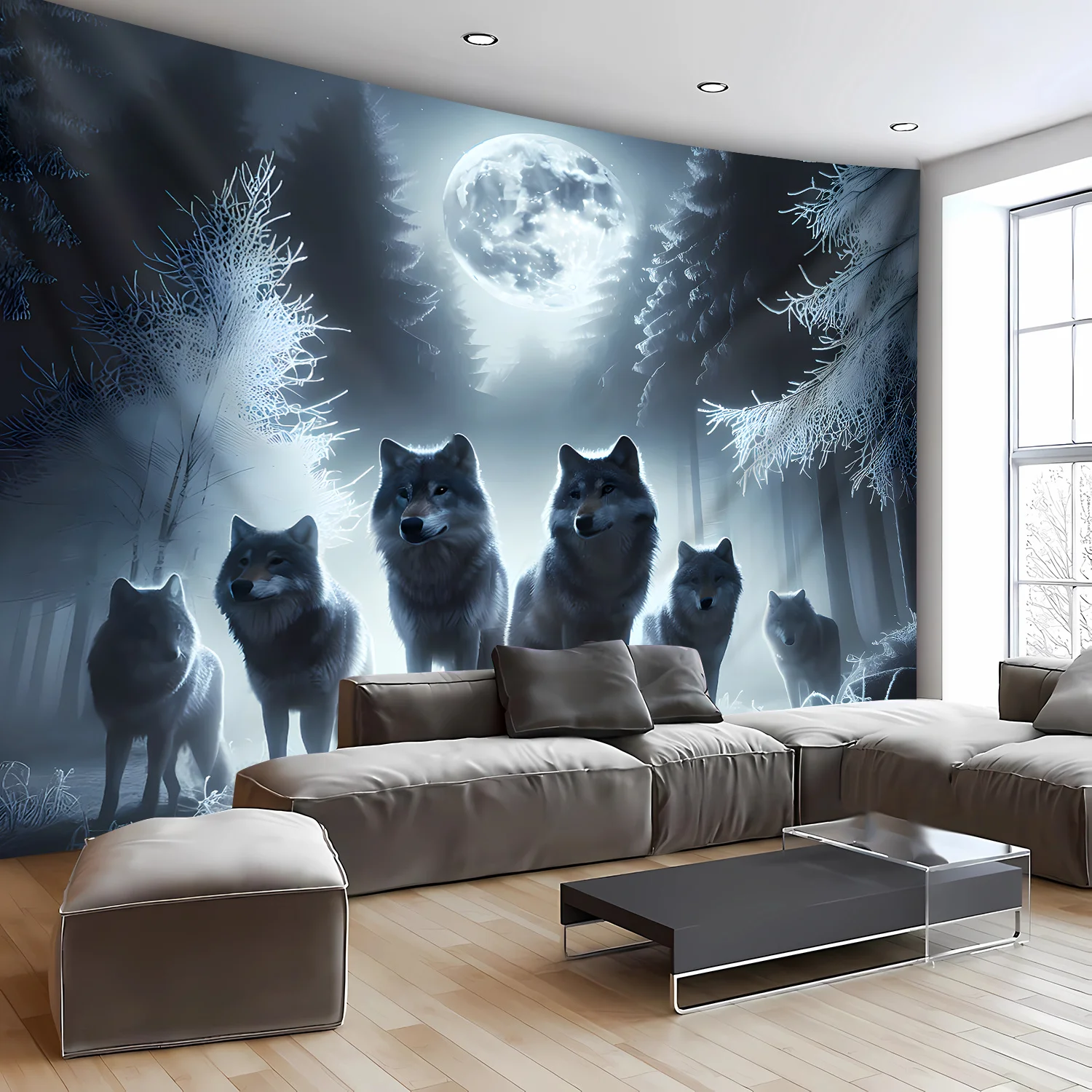Moonlight Wolf Pack Tapestry, Wolves in Snowy Forest with Full Moon, Wildlife Animal Wall Hanging for Home Decor