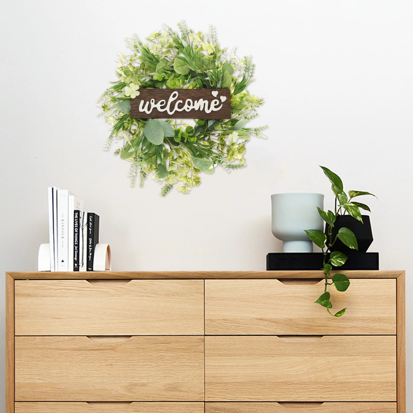 

Simulated Green Leaves Wreath Realistic 3D Wood Alphabet Decor for Front Door Wall Fireplace Natural Vitality Welcome Garland