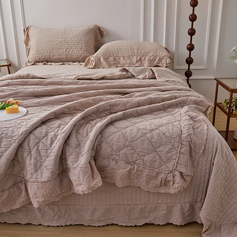Ultra Soft 100% Cotton Sandwashed Bedspread Set 3PCS with Ruffle Trim, Solid Color Quilted Duvet Cover, Luxury All-Season Beddin