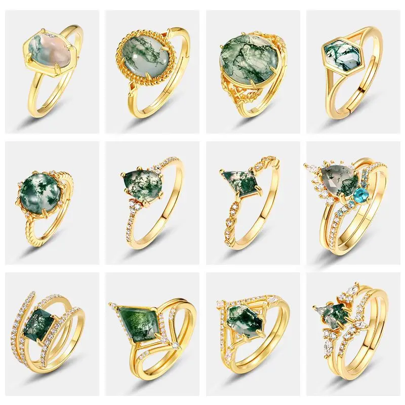 

Personalized Geometric Green Moss Ring for Women, 18K Gold and Silver Plated 7-Layer Gold PT950 Platinum Ring Set, Stacked Ring