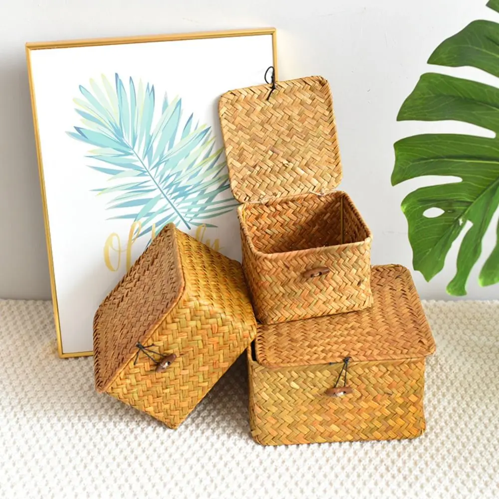 Hot Sale Lid Wicker Shelf Baskets Rectangular Handwoven Storage Box with Lid Rattan Weaving Wardrobe Living Room