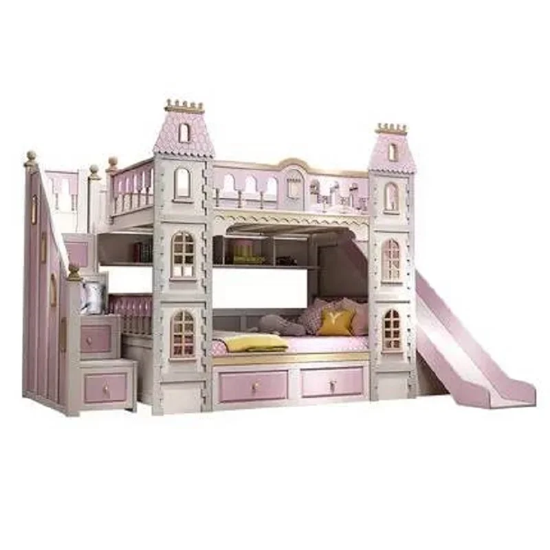 Full solid wood children's bed, double layered bed, high and low bed, two princesses, dreamy castle slide