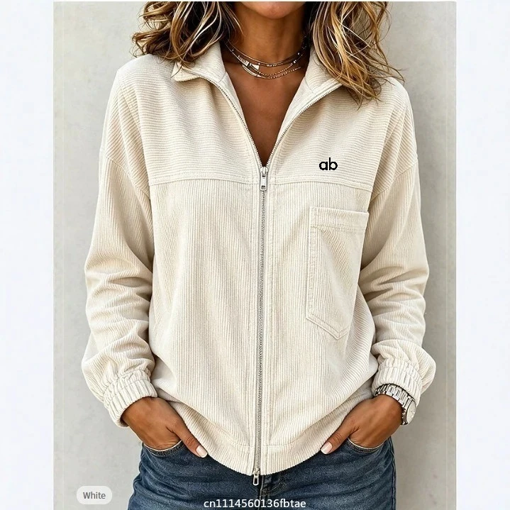 2026 Women Lightweight Corduroy Jacket Stand Collar Zipper Pockets Solid Color Long Sleeve Casual Autumn Winter Coat Outerwear