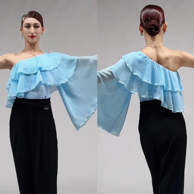

Single Sleeve Ruffled Latin Dance Tops Women'S Modern Dancing Top Blue Ballroom Dance Tops Adults Performance Wear SL13538