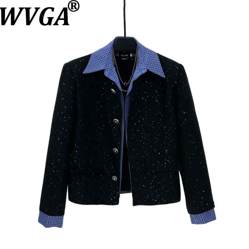 

WVGA Spring Autumn New Man Tide Patchwork Stylish Turn-Down Collar Short Coats Niche Chic Casual Sequin Jacket Trendy Ins W13430