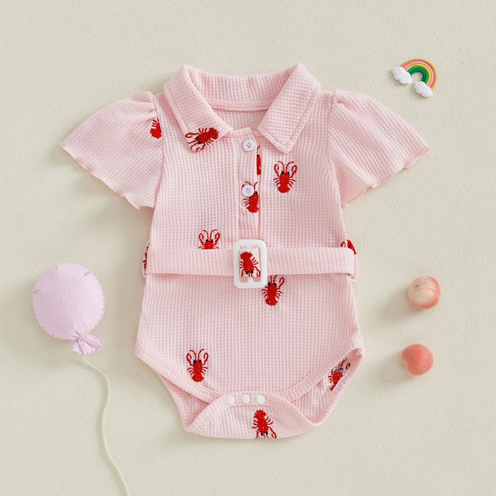 

SUNSIOM 0-24 Months Baby Girl Summer Belted Romper Short Sleeve Lapel Lobster Embroidery Sweet Jumpsuit