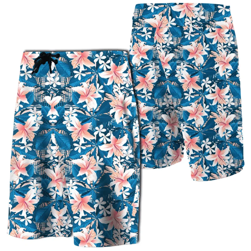 New 3D Print Hawaii Tropical Hibiscus Blue Men Soprts Board Shorts Swim Trunks Women Vacation Beach Short Pants Floral Shorts