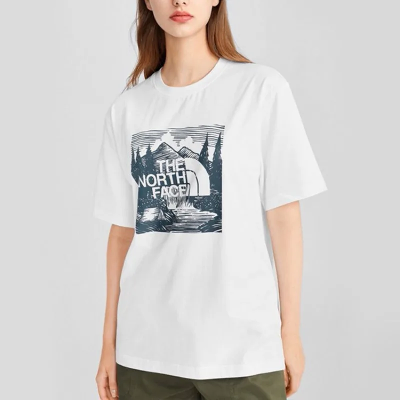 THE NORTH FACE Unisex Retro Letter Print Crew Neck Short Sleeve T-shirt White Breathable Sports Tee