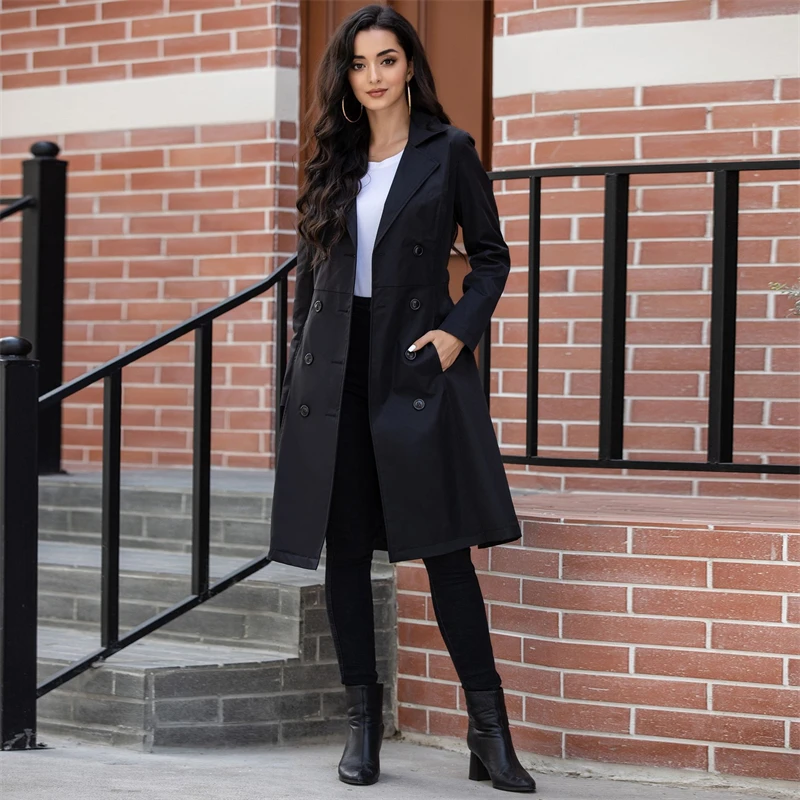 Chaqueta Cortavientos de Moda para Mujer, Otoño Invierno, Europa y Estados Unidos, Nueva, con Bolsillos, Delgada, con Correa, Abrigo Largo con Cuello de Solapa, Estilo Femenino