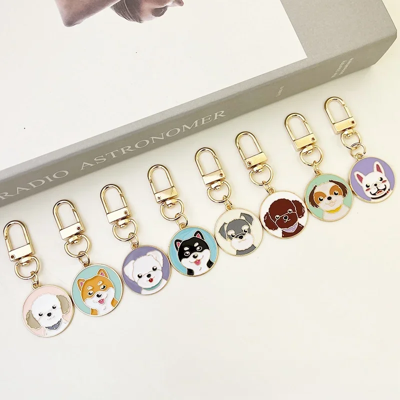 Cute Puppy Keychain Alloy Husky French Bulldog Pomeranian Round Animal Pendant Keyring Women Men Bag Car Decor Dog Souvenir Gift