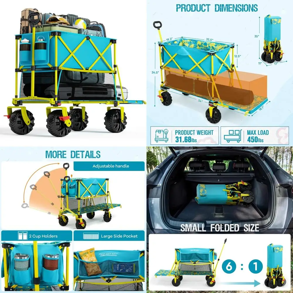 

Collapsible Double Decker Beach Wagon with Brakes, 400L Capacity, Folding Cart for 54 Extra Long Decker, Holds 450LBS, Heavy-Dut