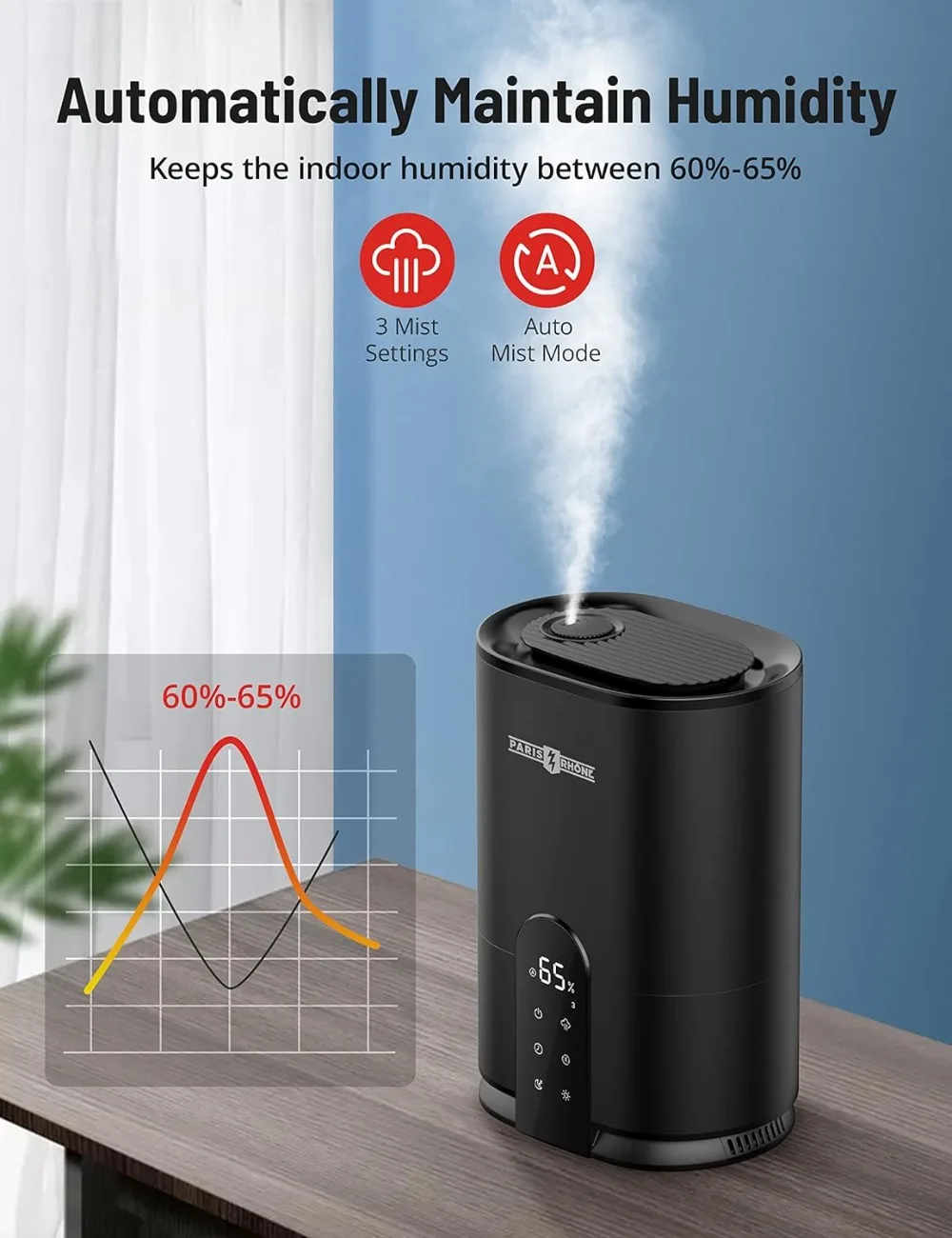 Umidificatore a riempimento superiore per ambienti grandi diffusore di olio essenziale sensore di umidità automatico 28 DB silenzioso.