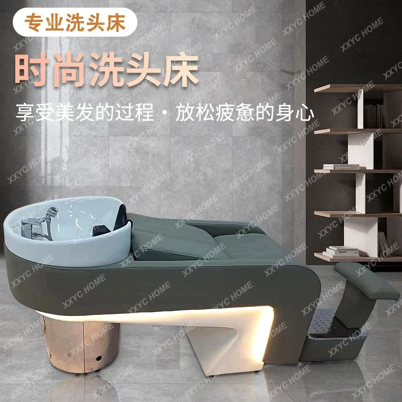 Shampoo Chair Barber Shop High-End Simple Ceramic Deep Basin Half Lying Flushing Bed for Hair Salon