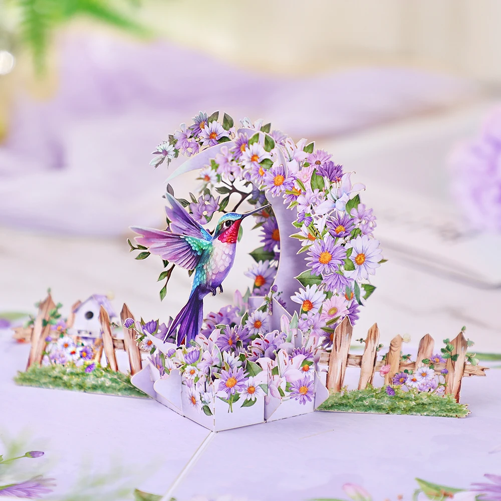 보라색 데이지 초승달 인사 카드, 팝업 카드, 생일, 결혼, 기념일 선물 카드