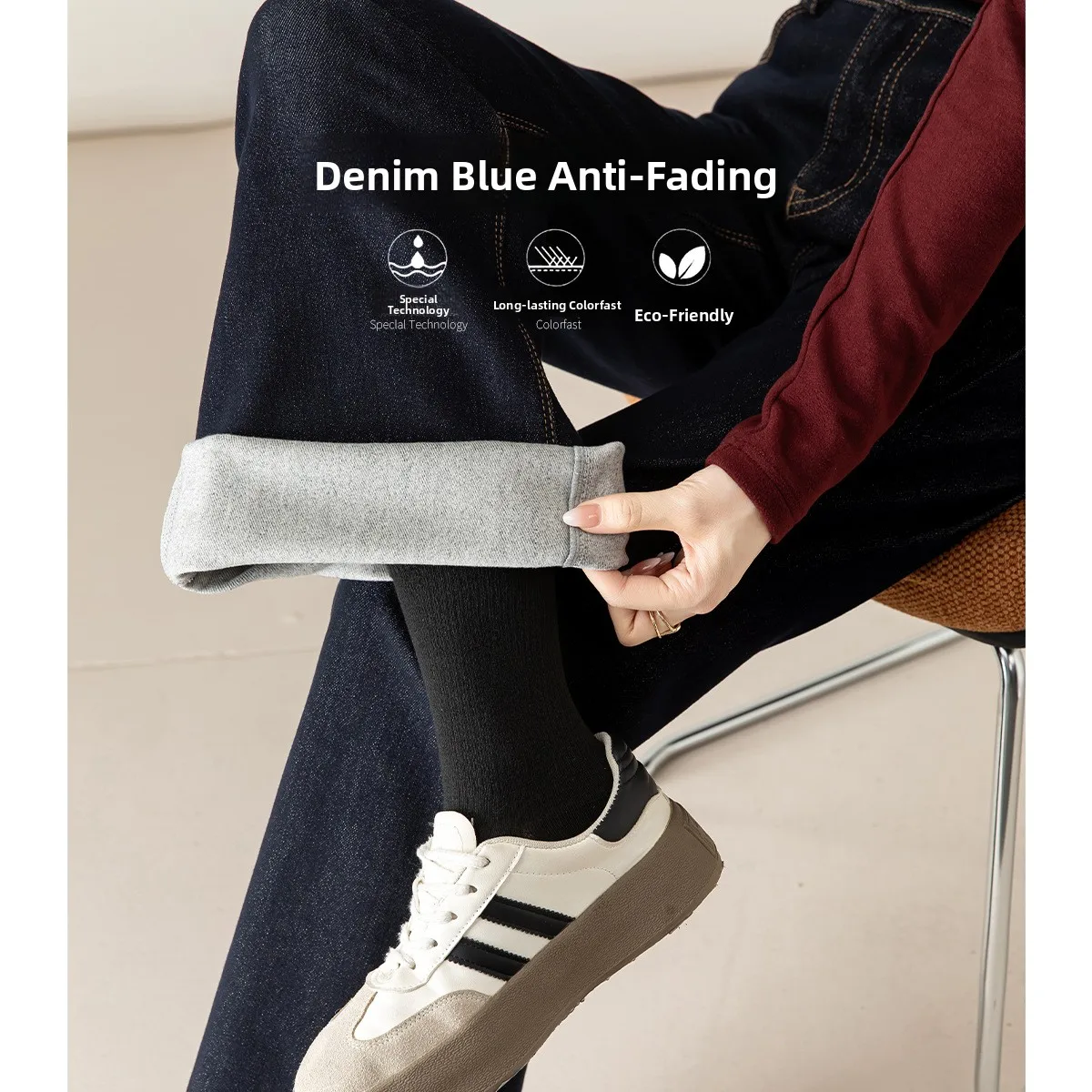 

High Waist Fce Lined Original Color Blue Jeans Women's Winter Slim Fit Hoof Pants Deep Blue Cotton Stretch Denim