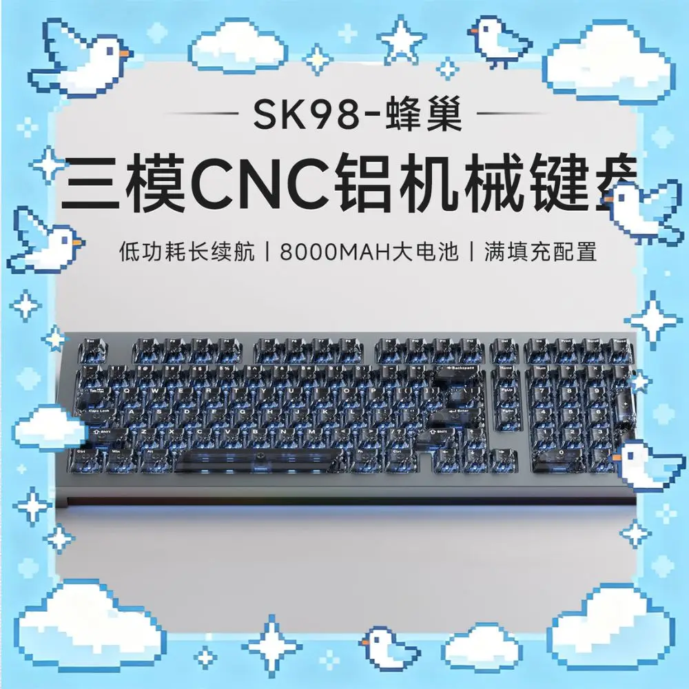 Teclado mecânico AJAZZ SK98, 3 modos, sem fio, caixa em alumínio CNC, retroiluminação RGB, 98 teclas, bateria de longa duração de 8000 mAh, teclado pa