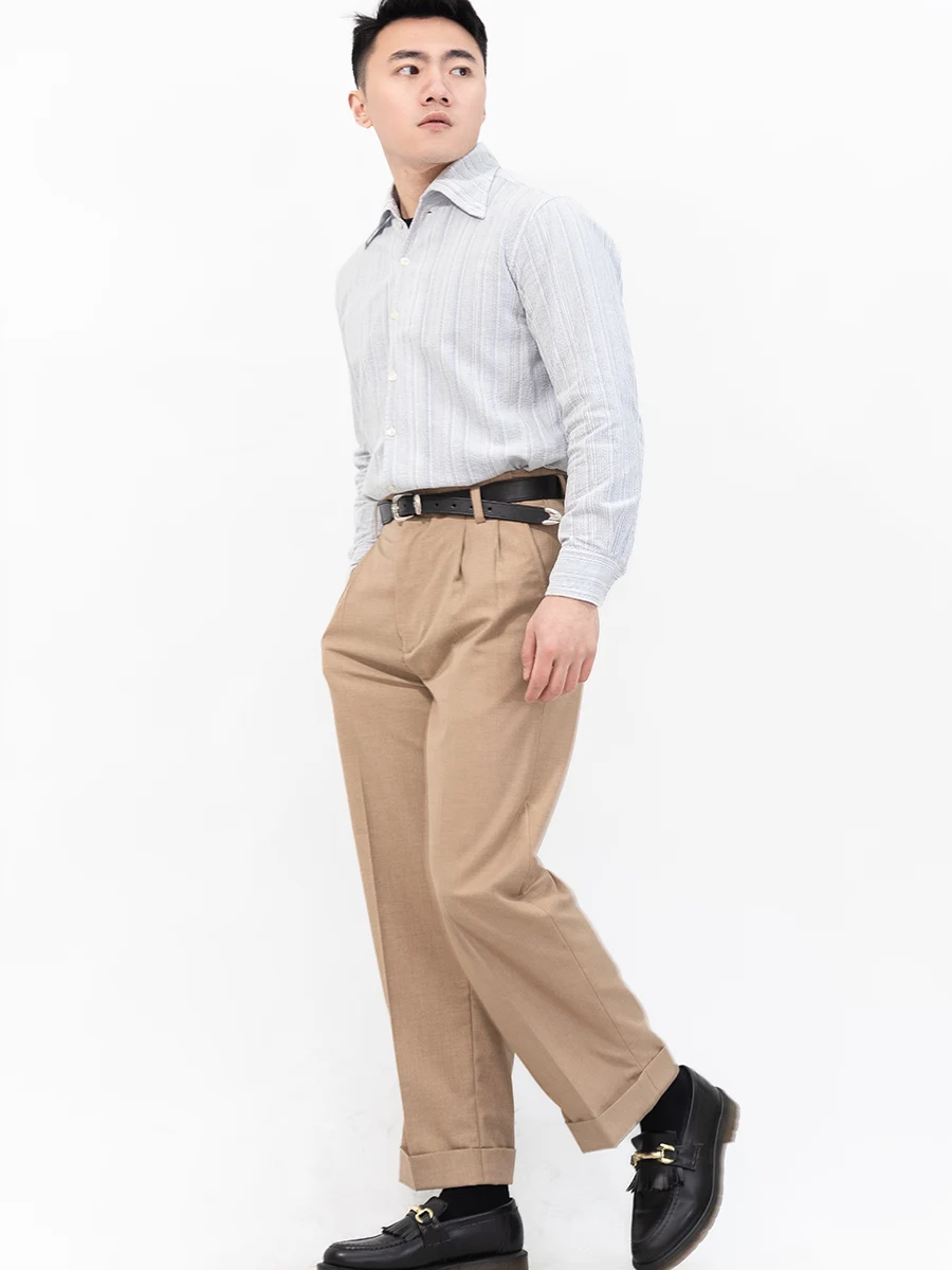 POT&CRAFTSMAN Worsted fabric loose wide-leg straight casual pants suit pants men's retro non-iron khaki pants