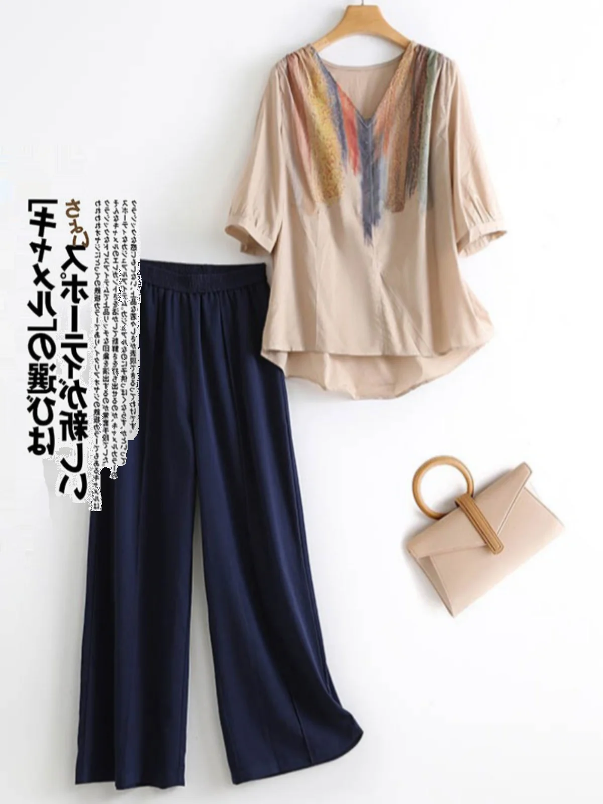 

Комплект из двух предметов из хлопка и льна, женская футболка с принтом V-Ne ort Sve, топ, повседневные драпированные широкие брюки