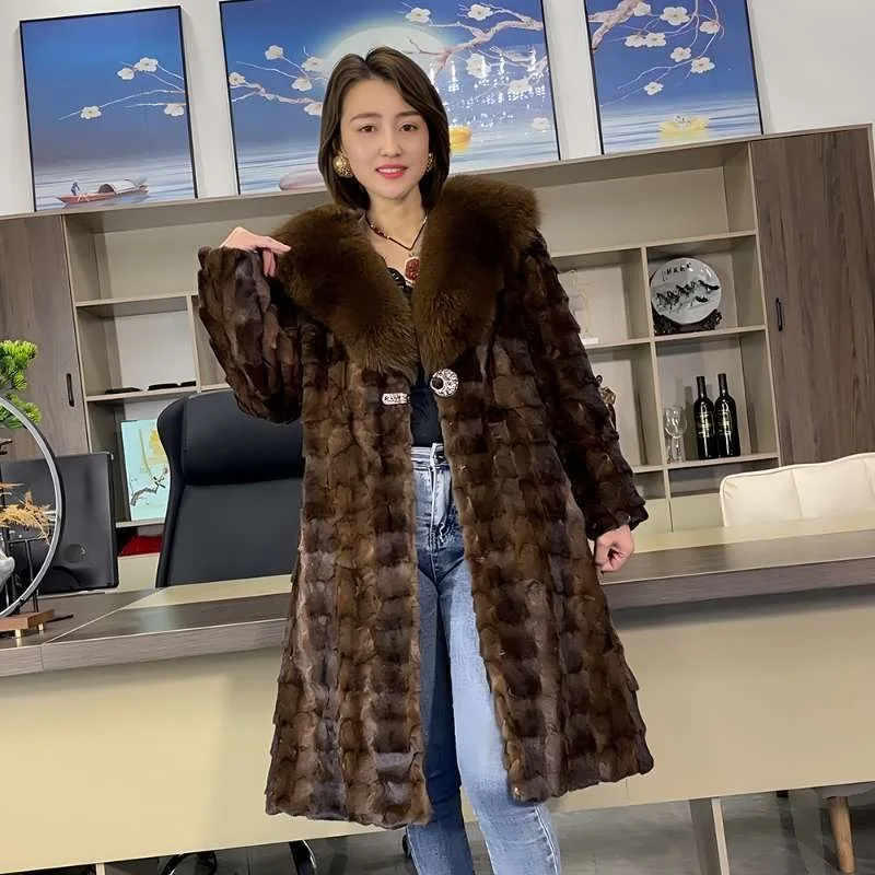 

FURHYCFOX Hot selling fashion new imported mink fur coat women medium long fox fur collar high quality mink fur coat