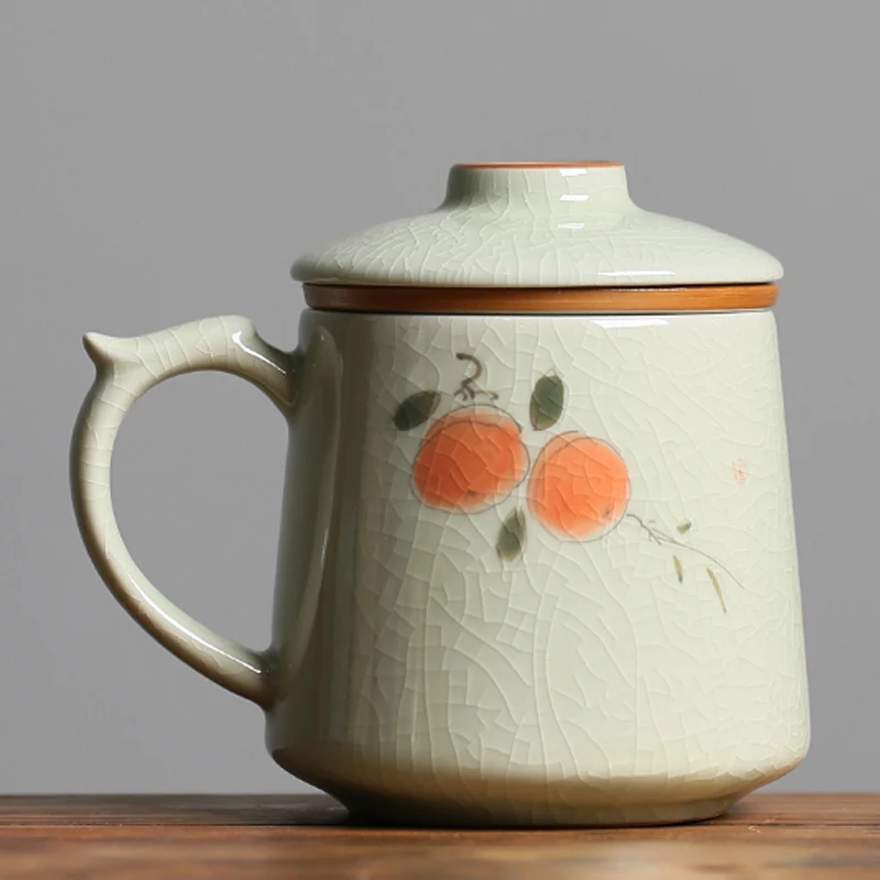 Chinese Style Persimmon Pattern Mug, Home Personal Office Cute Teacup With Cover, Creative Separated Tea Cup for Tea, 375ml, 1Pc