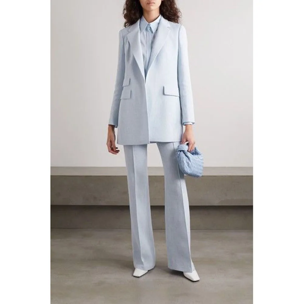 Classy Smart Light Blue Women's Suits Single Breasted 2 Pieces Jacket Pants Female Clothing Office Banquet Lady's Costume