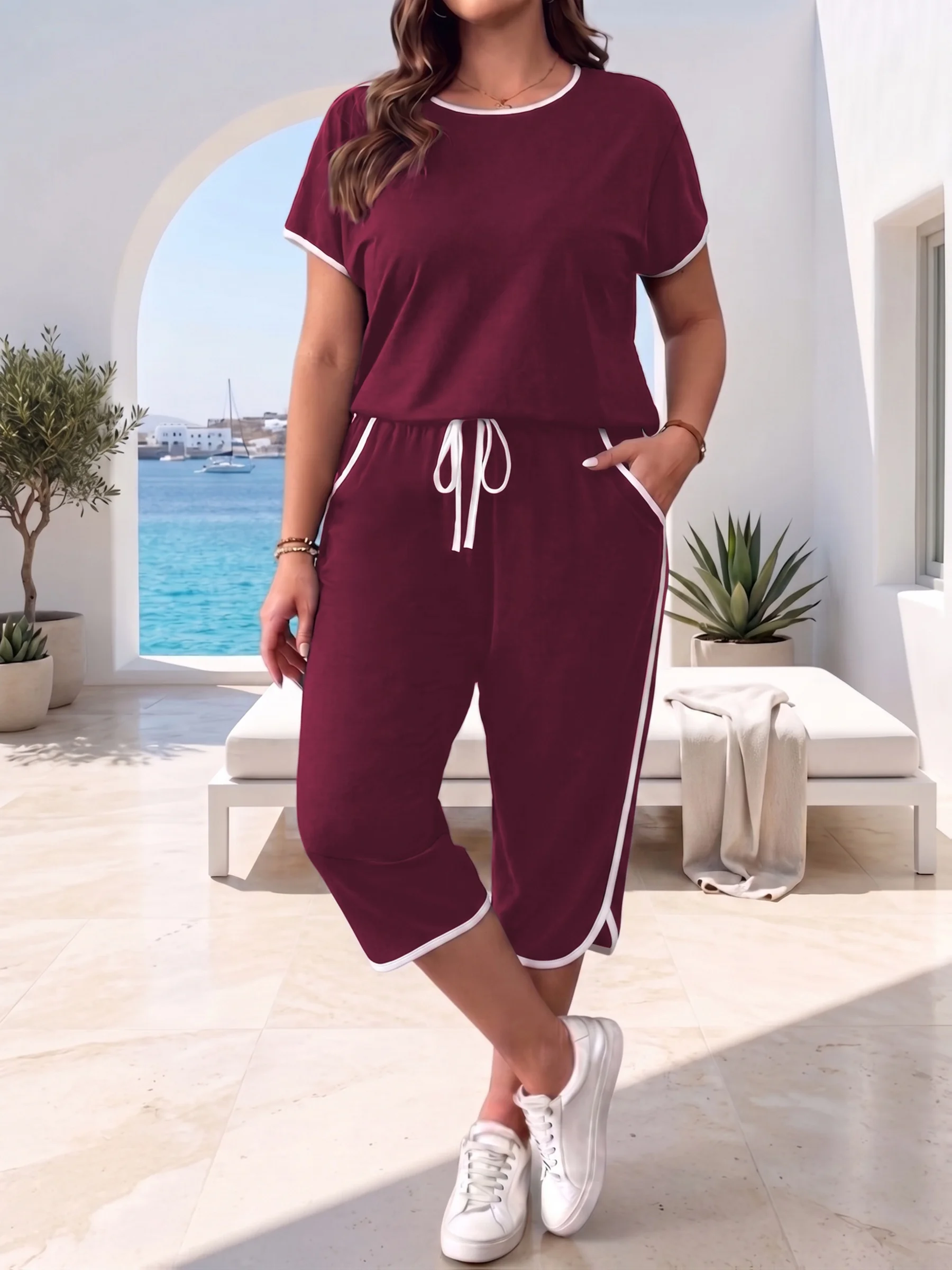 Bequemes Plus-Size-Loungeset für Damen mit kurzen Ärmeln und Hose mit Kordelzug – Detail 4