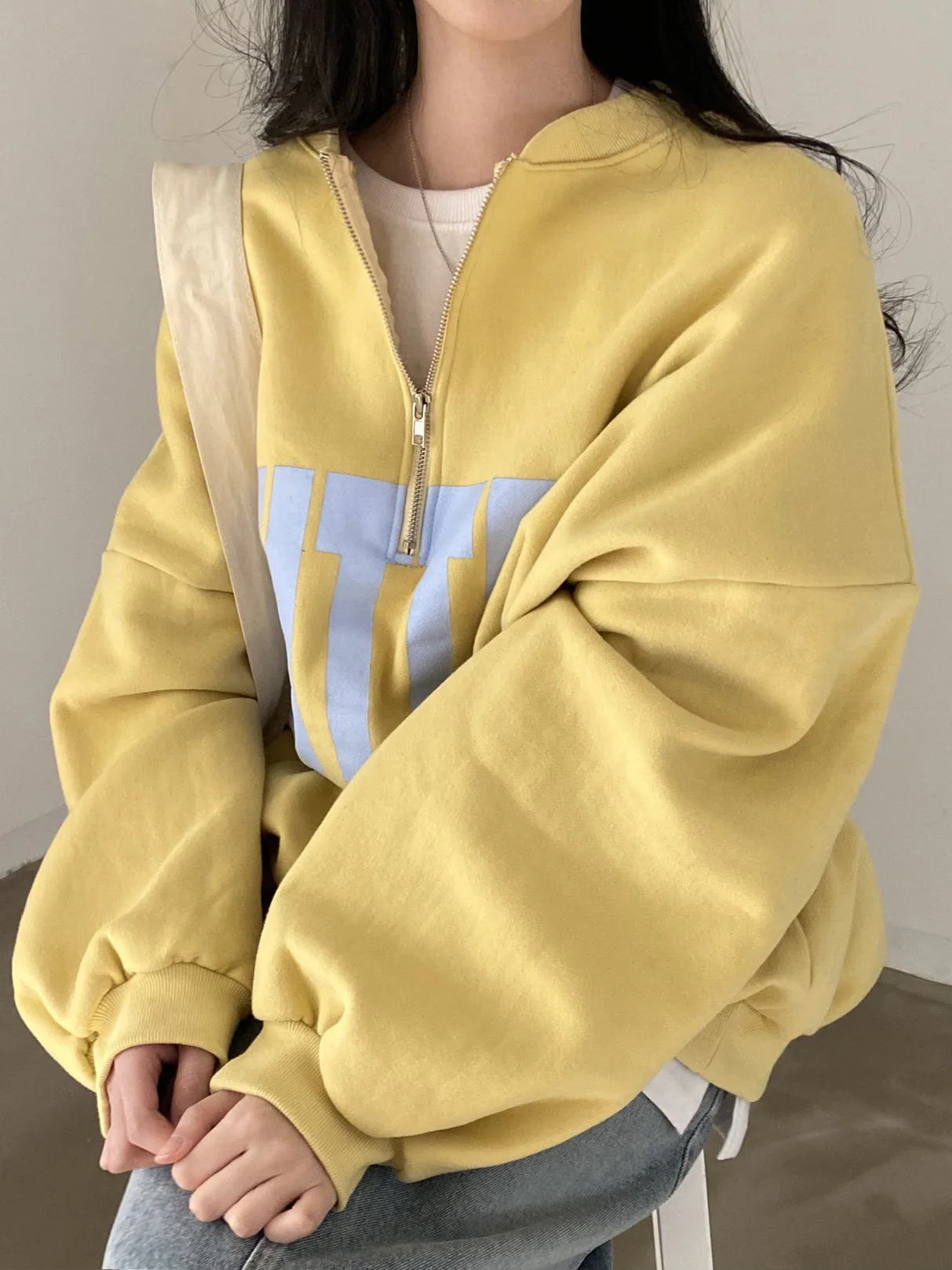 Chic Autumnal Loose Fit Long Sleeve Hoodie Women's Korean Style Letter Print Design Versatile Stand Collar Casual Streetwear
