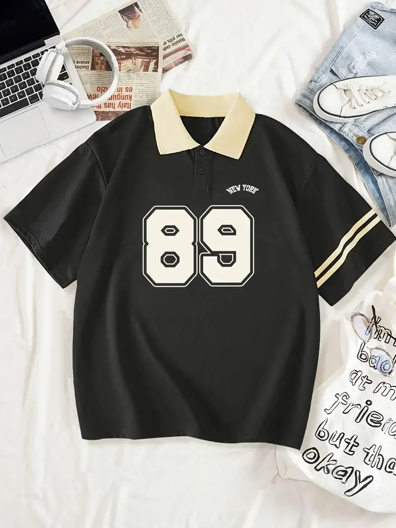 Number 89 Graphic Casual Style Women's Fashion Versatile Short Sleeve Golf Polo Shirt With Contrast Collar, Women's Activewear