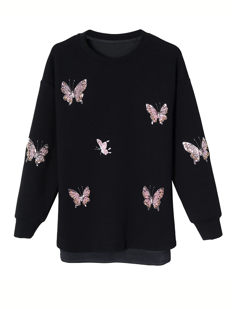 Women Sweatshirts Beaded Long Sleeve O Neck Black Sweatshirts Female 2024 New Fall Winter Pullover Loose Casual Oversized Jumper