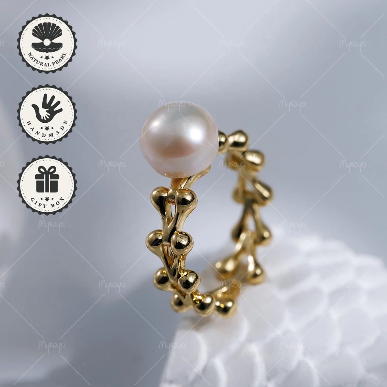 

MYSOYA Открытое кольцо с белым пресноводным жемчугом 8-9 мм, золотистое, в подарочной коробке, подарок на день рождения, подарок на День святого Валентина