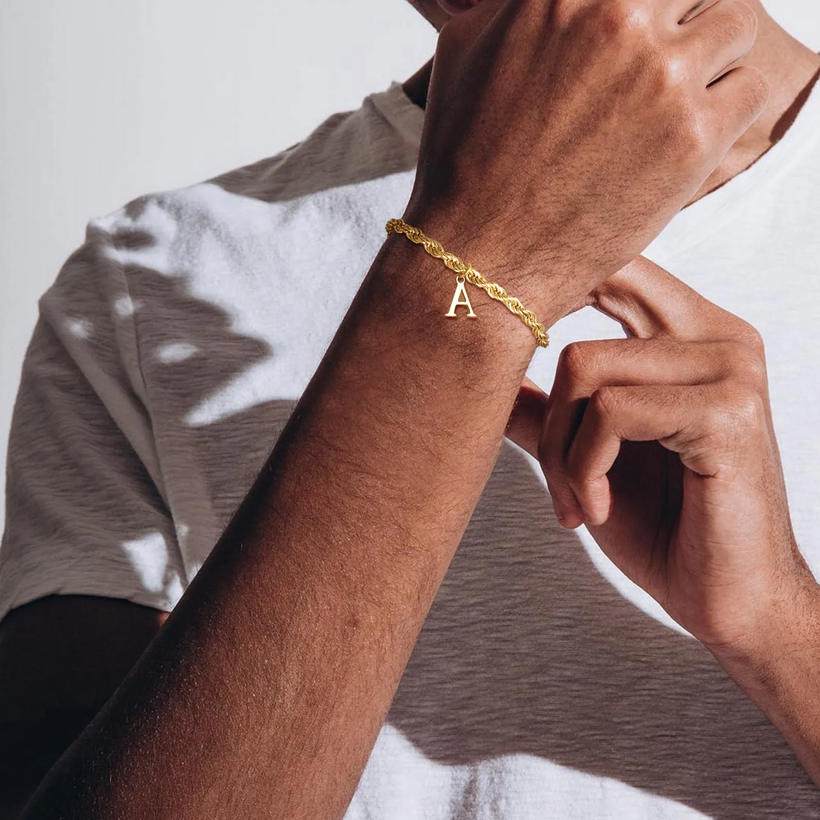 Vnox A-Z Letters Bracelets for Men, Gold Plated Stainless Steel Twisted Rope Chain Bracelet, Classic Name Bracelet Gift for Him