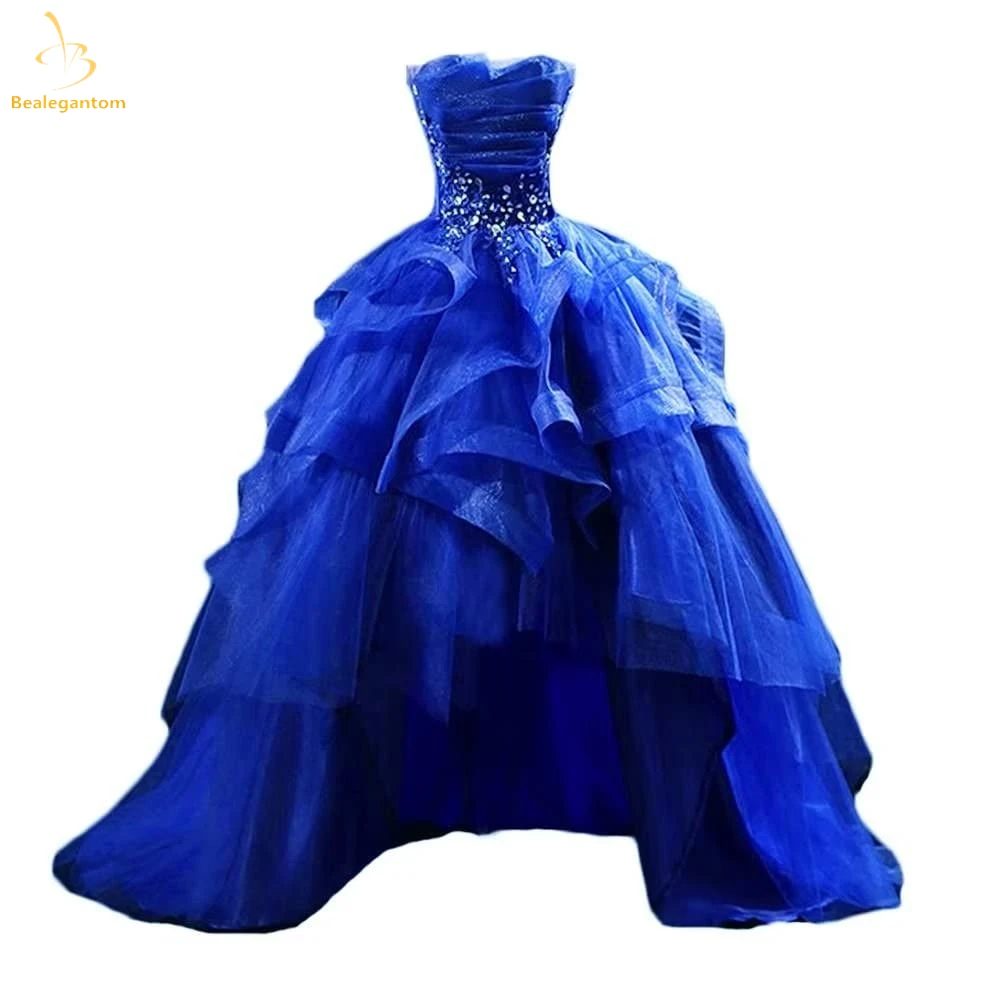 

Bealegantom New Strapless Hi-Lo Evening Dresses Ruffles Beaded Crystal Lace Up Ball Gown Long Formal Occasion Prom Party Gown