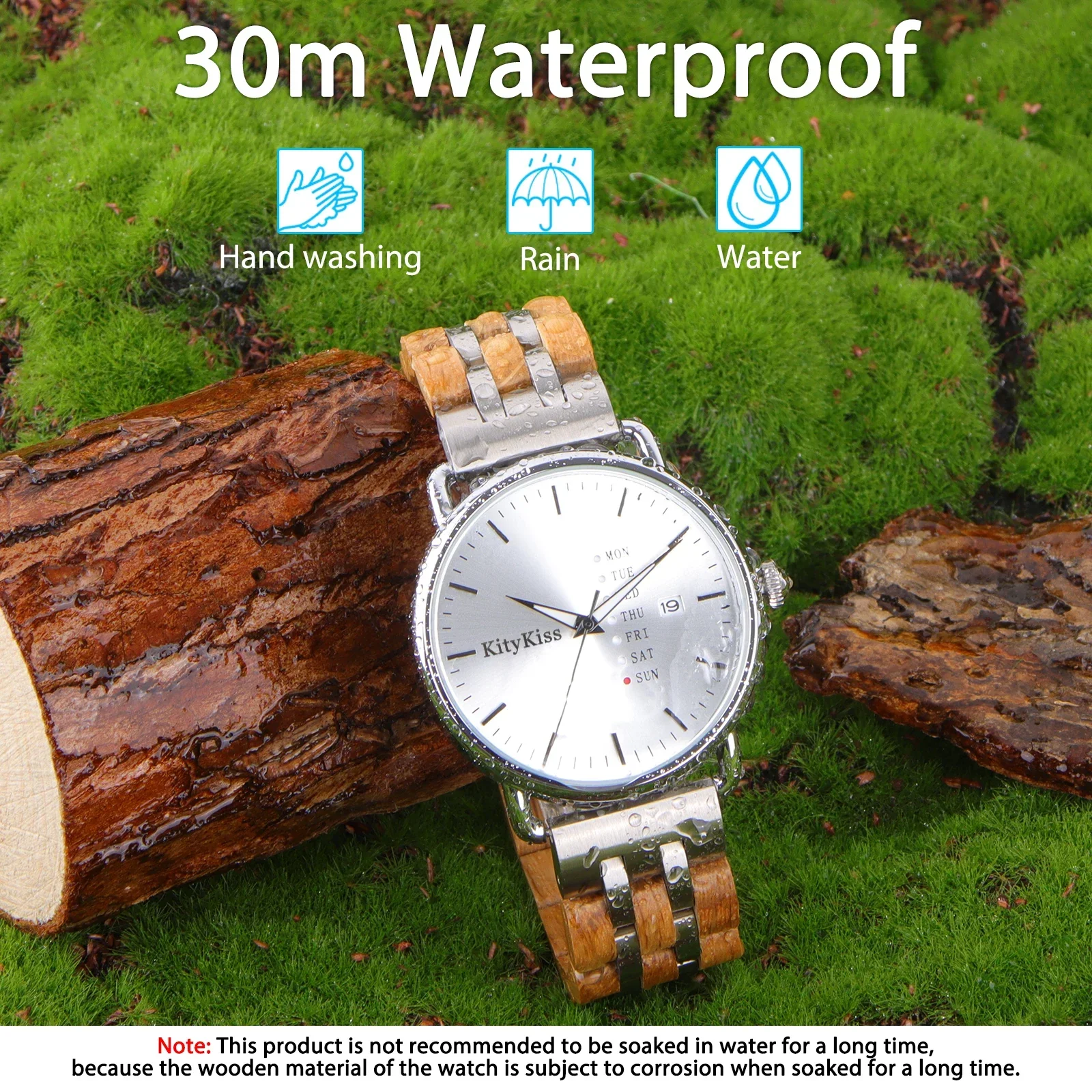 KityKiss Reloj fino de madera resistente al agua, reloj de cuarzo con fecha semanal para hombres y mujeres, aleación combinada con reloj de madera, embalaje de regalo