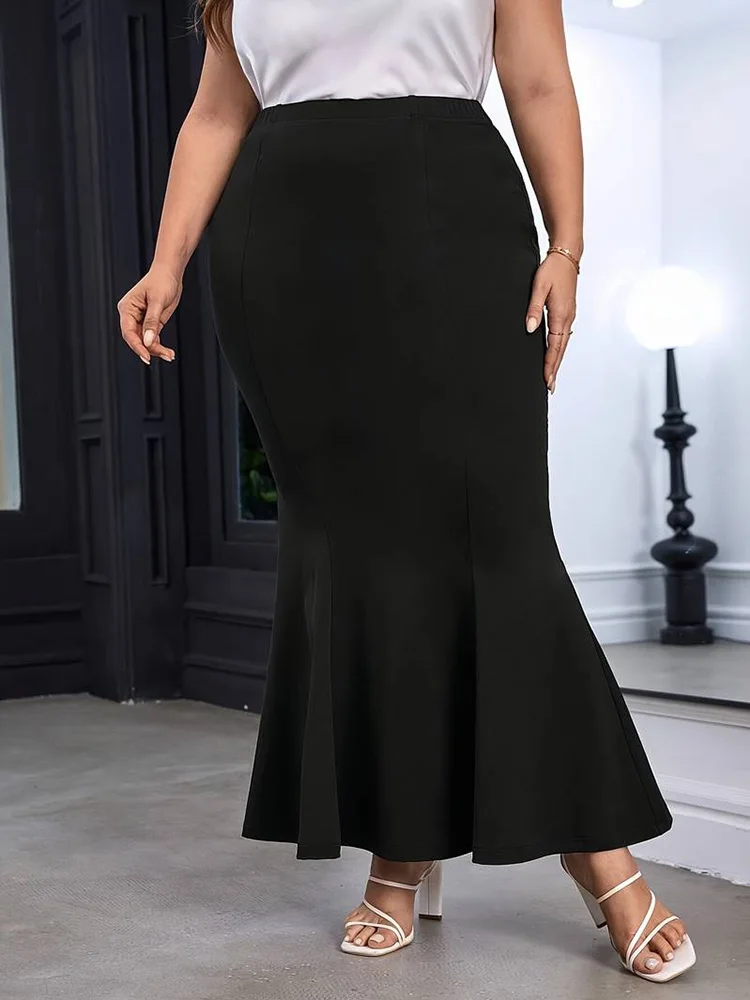 GIBSIE Plus Size Fashion Black Mermaid Hem Maxi Skirt Women\'s New High Waist Office Ladies Party Elegant Bodycon Long Skirts