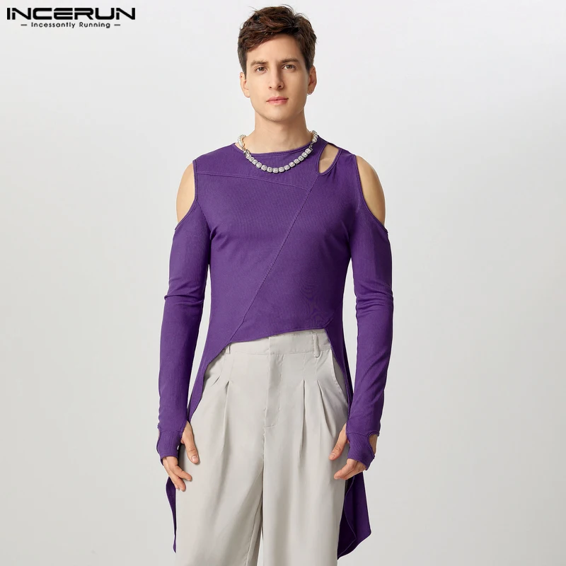 INCERUN New Men's Tops Deconstruction Hollow Irregular Hem T-shirts Stylish Male Solid Half Thimble Long Sleeved Camiseta S-5XL