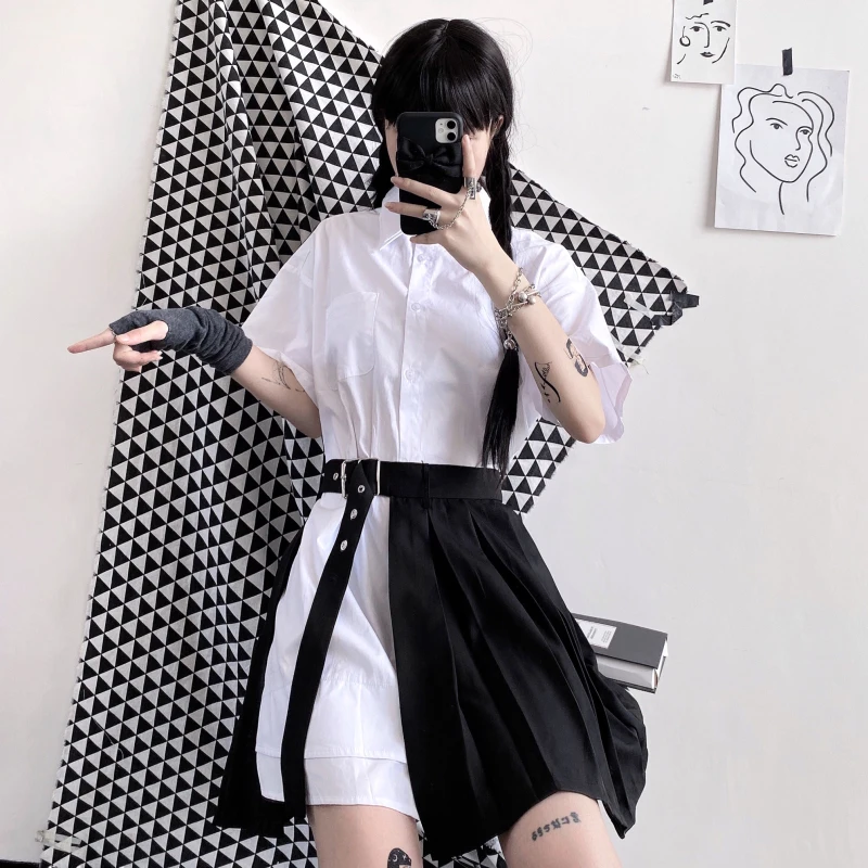 

Harajuku style one piece with pleated skirt summer high street double collar shirt solid color short-sleeved shirt for women