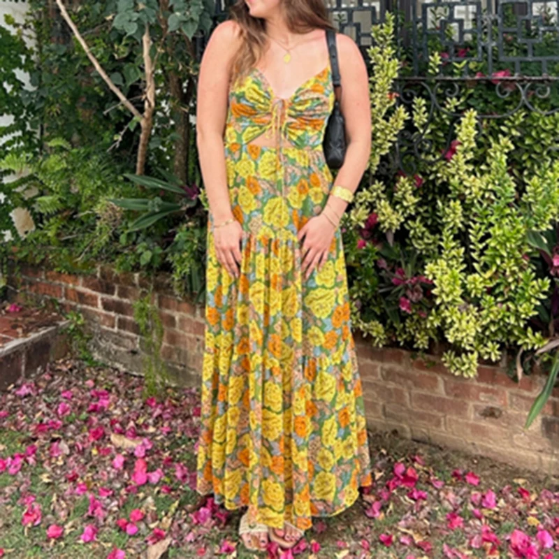 Maemukilabe 花柄カットアウトマキシドレスボヘミアンフロントタイアップ流れるドレス女性のための夏の背中の開いた A ラインドレス休暇
