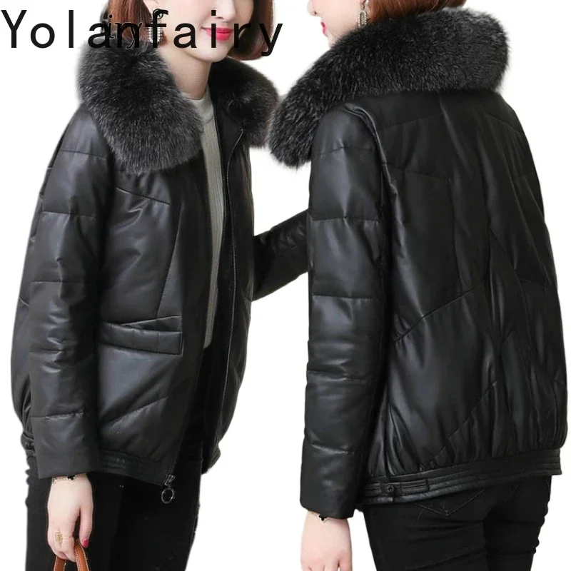 

YOLANFAIRY, пуховик из натуральной овчины, женское зимнее пальто, корейский свободный воротник из лисьего меха, топ из натуральной кожи, Manteau Femme Hiver