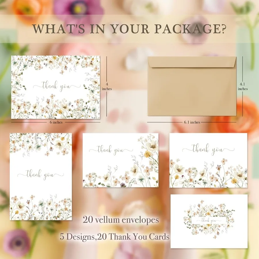 مجموعة بطاقات شكر زهرية مع مغلفات 20 عبوة من بطاقات شكر مقاس 4 × 6 مجموعة كبيرة مثالية لجميع المناسبات وما إلى ذلك. استحمام الطفل الزفاف ثنائية #4