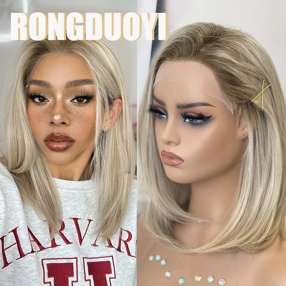 RONGDUOYI Ombre Ash Blonde Bob Synthetic Short Hair Natural Straight Lace Front Wig Women Daily Makeup Use Shoulder Length Hair