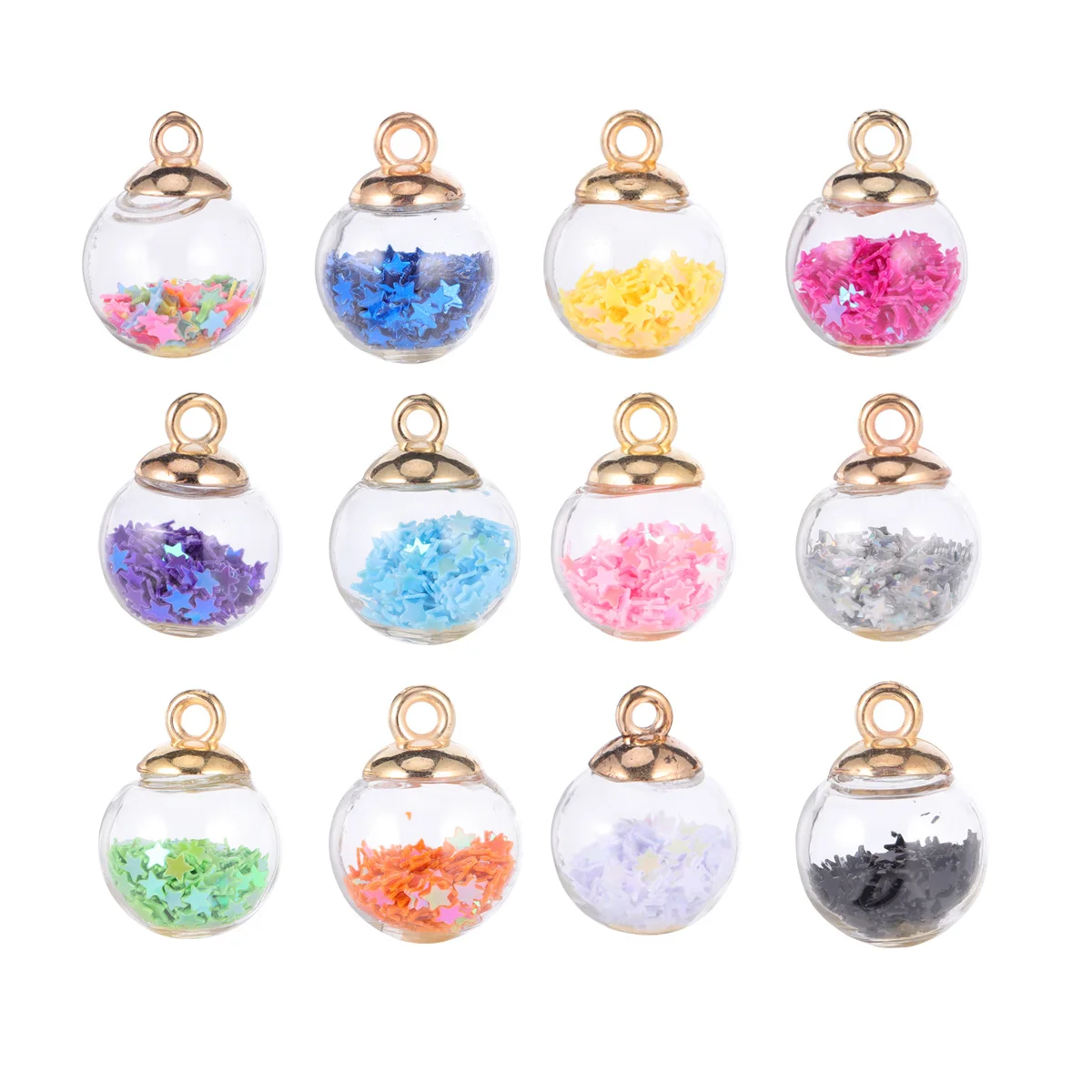 34pcs 16Mm Stars Glass Ball Pendant Charm Glitter Sequins Transparent Blown Glass Diy Jewelry Making Supply For Earrings Gifts