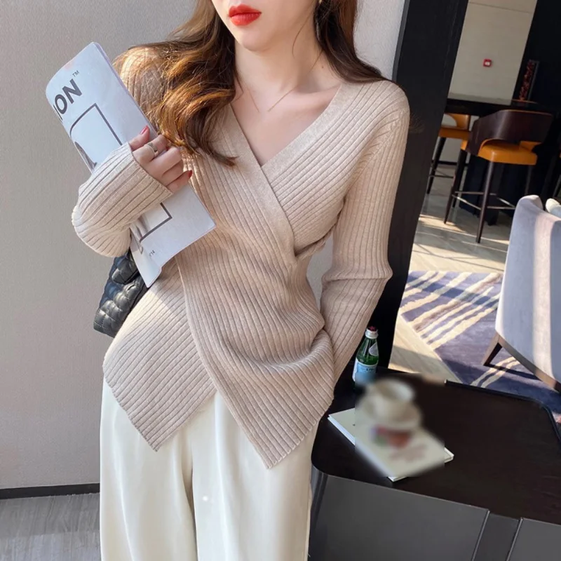 Elegant Women\'s Knitted Base Shirt Autumn V-Neck Cross Long Sleeve Sweater Ladies Slim-Fit Solid Color Casual Slim-Fit Top