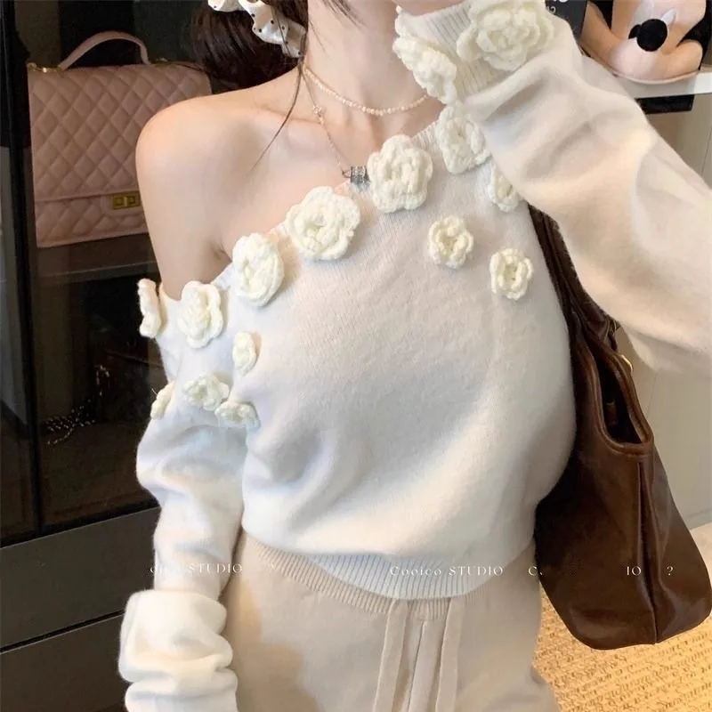 

Knit Floral Off-shoulder Sweater 2025 New Spring Autumn Women Flowers Sweater Female Soft Blouse Korean Style Sexy Sweet Sweater