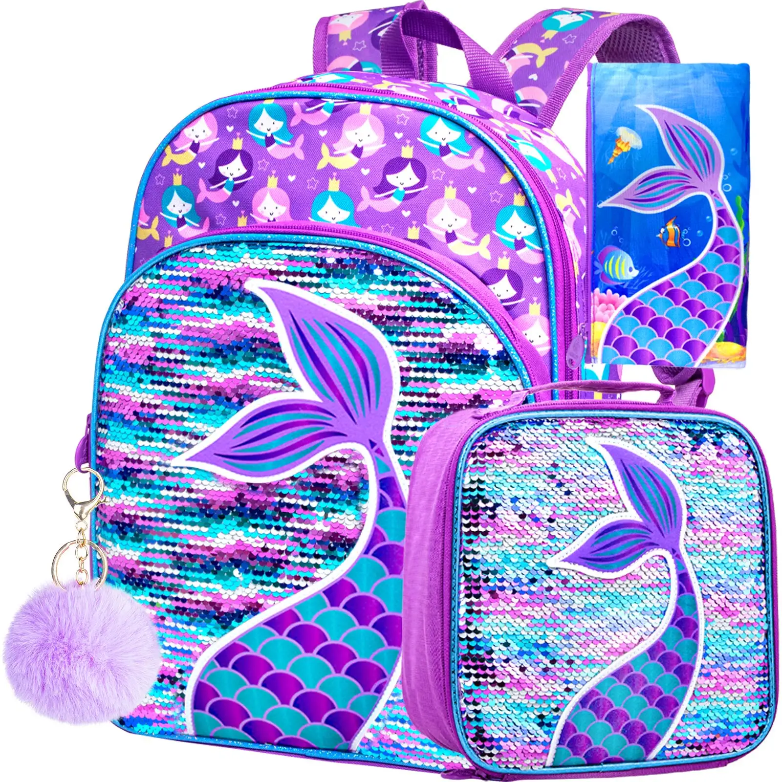 

3PCS Kids Backpacks for Girls, 16" Little Kid Preschool School Bookbag and Lunch Box - Mermaid