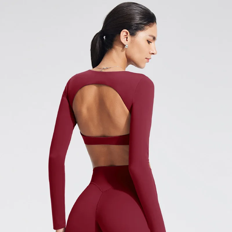 NCLAGEN-Top de Yoga con sujetador incorporado, ropa de gimnasio de manga larga para mujer, camiseta de entrenamiento sin espalda, camiseta de Fitness transpirable de alta elasticidad