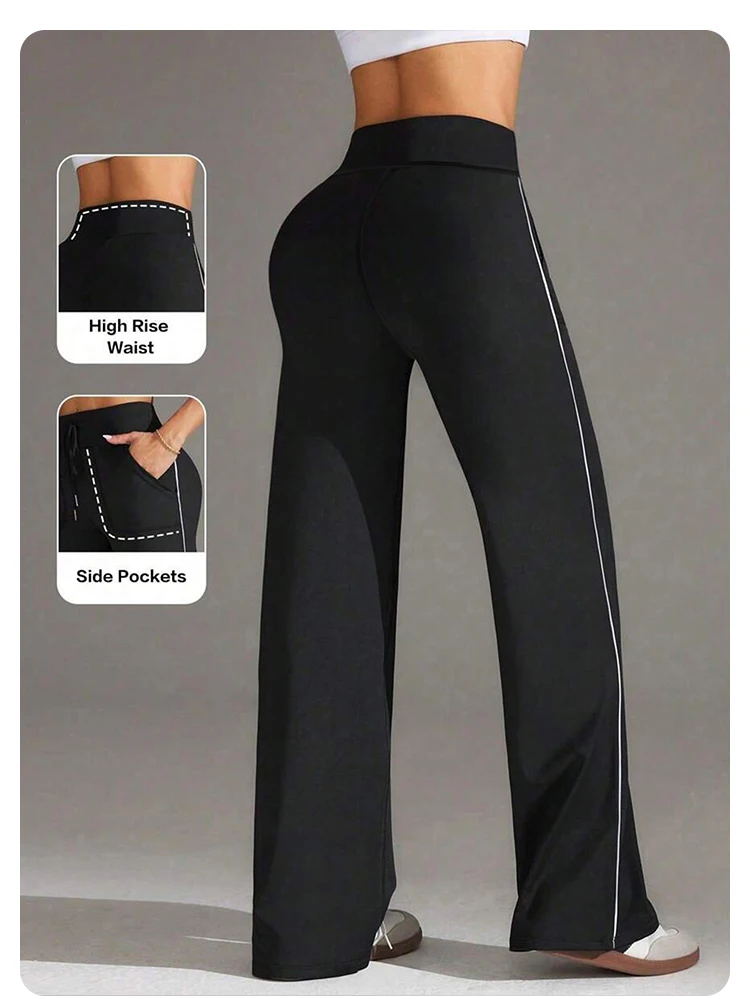 

Спортивные повседневные брюки для йоги для женщин, прямые широкие брюки с высокой талией и завязками, удобные эластичные спортивные брюки для фитнеса